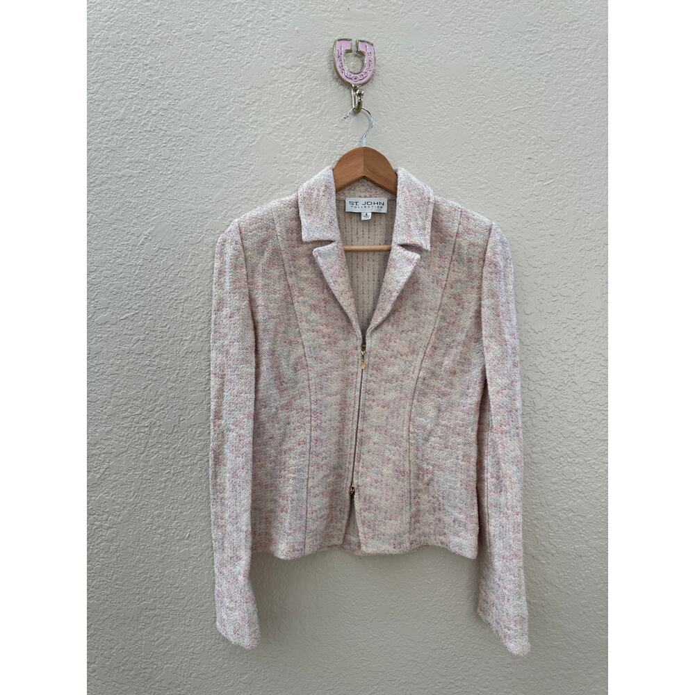 EUC St. John Collection Cream Pink Knit Tweed Zip Front Blazer - Picture 2 of 5
